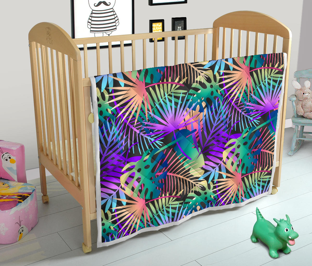 Neon Flower Tropical Palm Leaves Quilt Bedspread