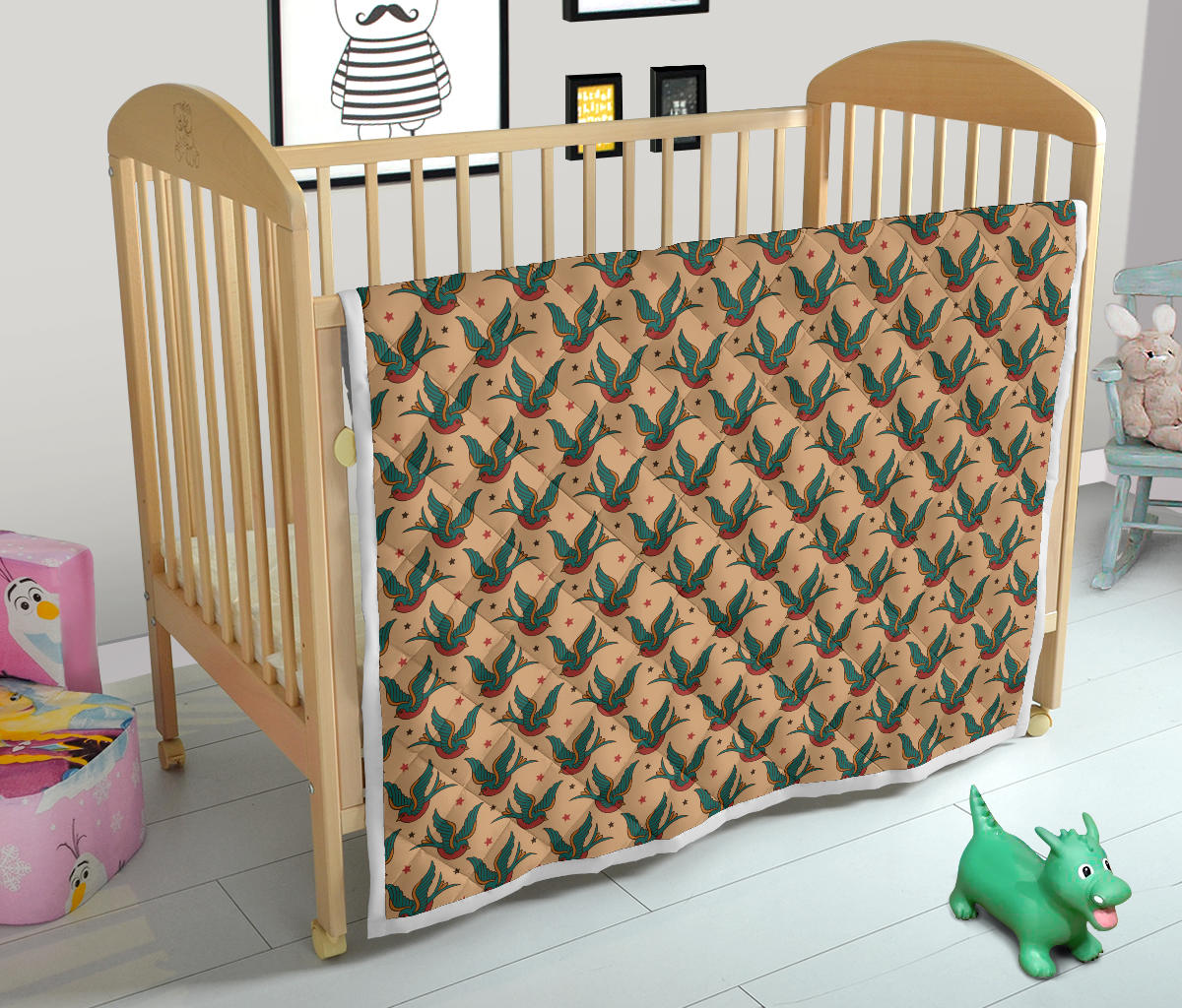 Old School Tattoo Swallow Design Quilt Bedspread