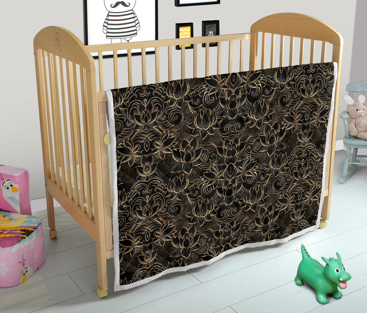 Lotus Gold Mandala Design Themed Quilt Bedspread