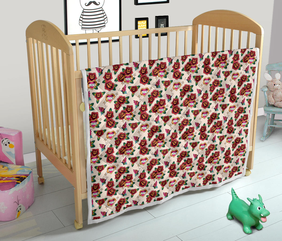 Old School Tattoo Rose Pattern Quilt Bedspread
