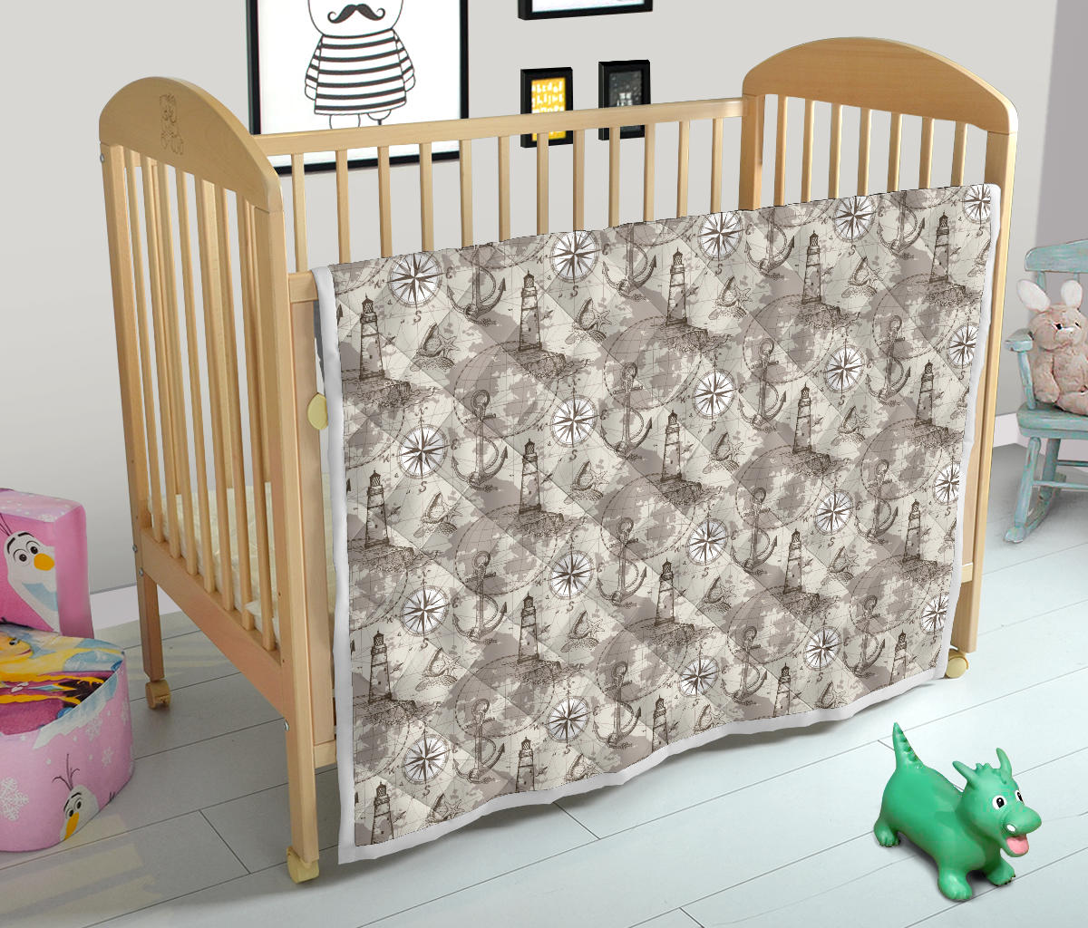 Nautical Map Design Themed Print Quilt Bedspread