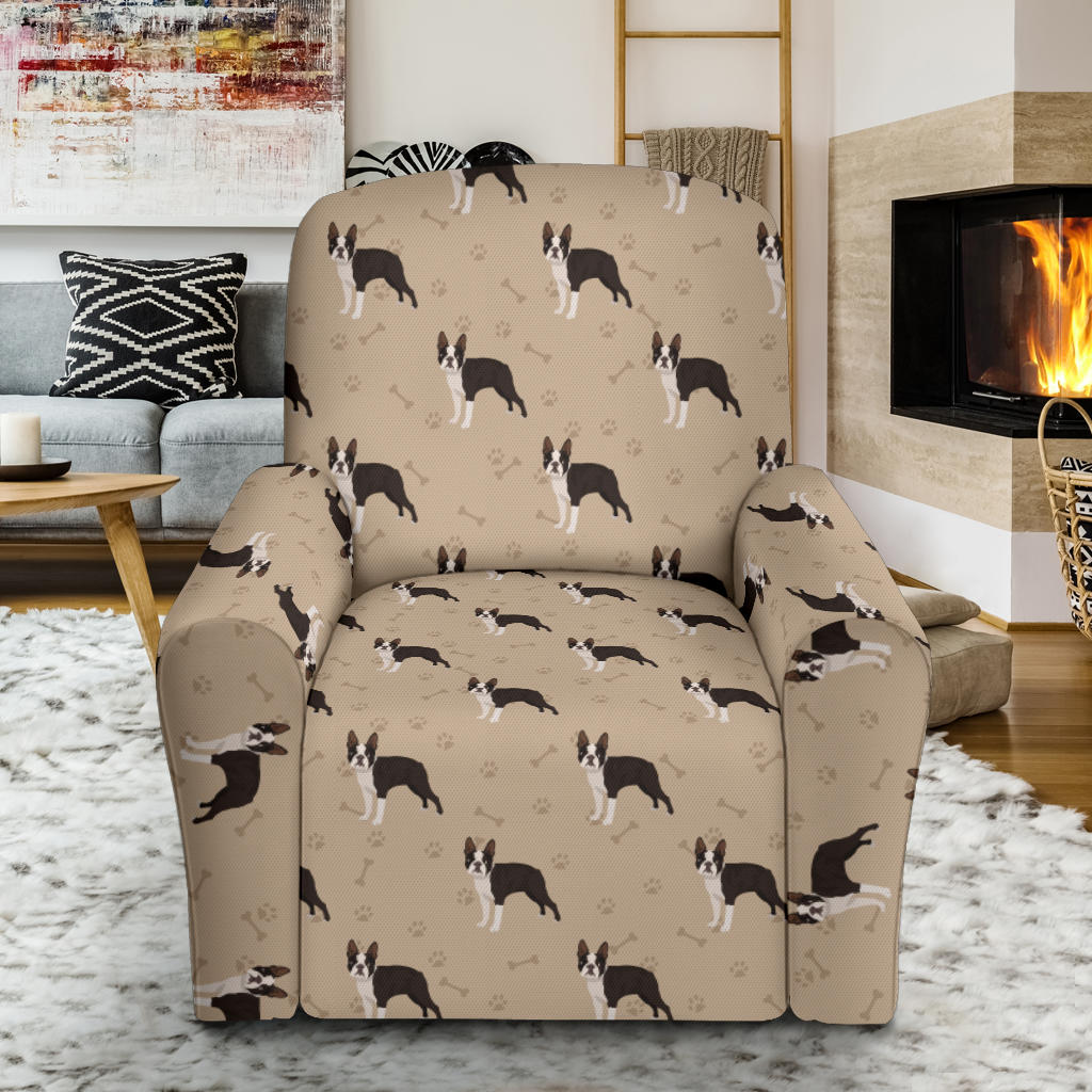 Boston Terrier Pattern Print Design 02 Recliner Slipcover with Pocket