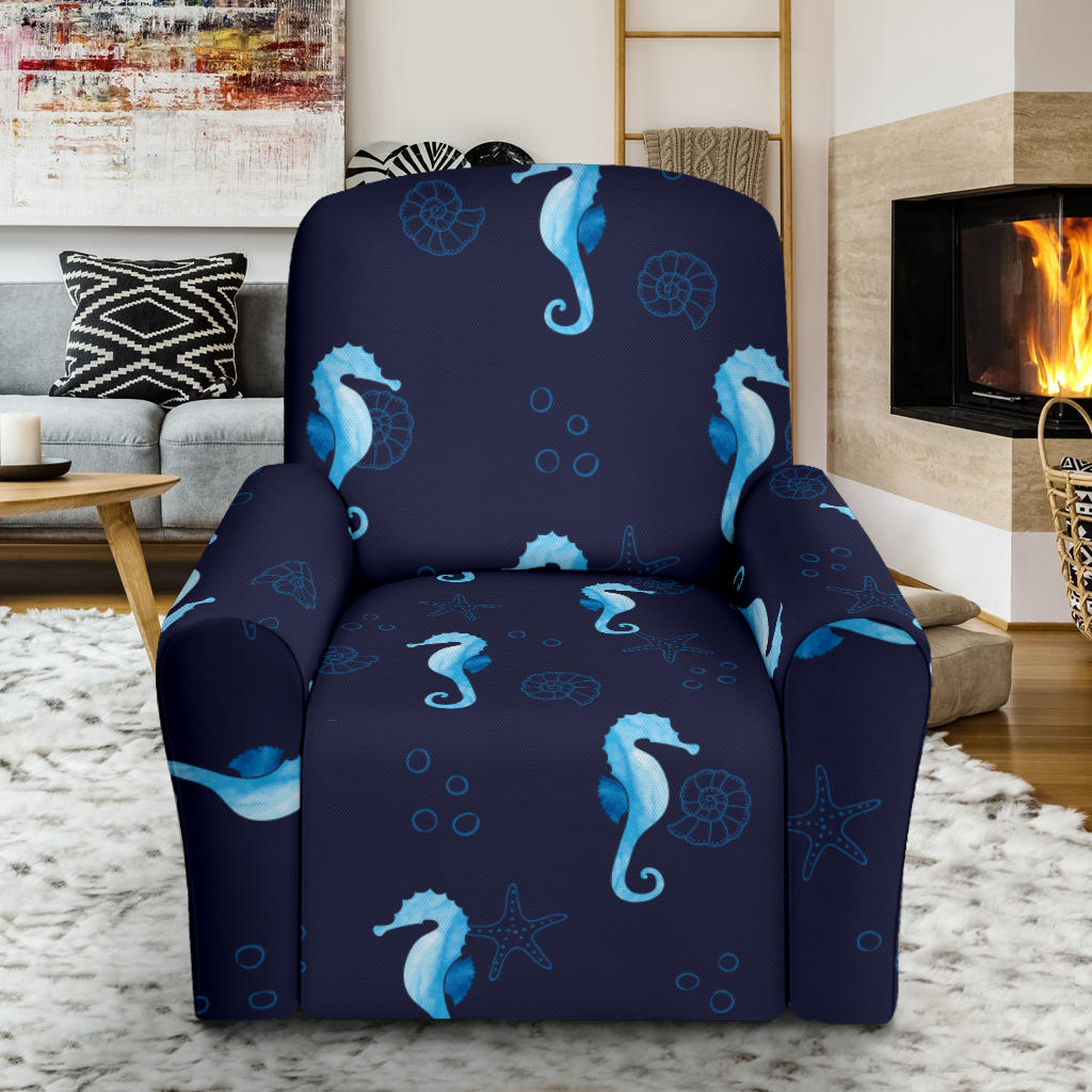 SeaHorse Blue neon Pattern Print Design 03 Recliner Slipcover with Pocket