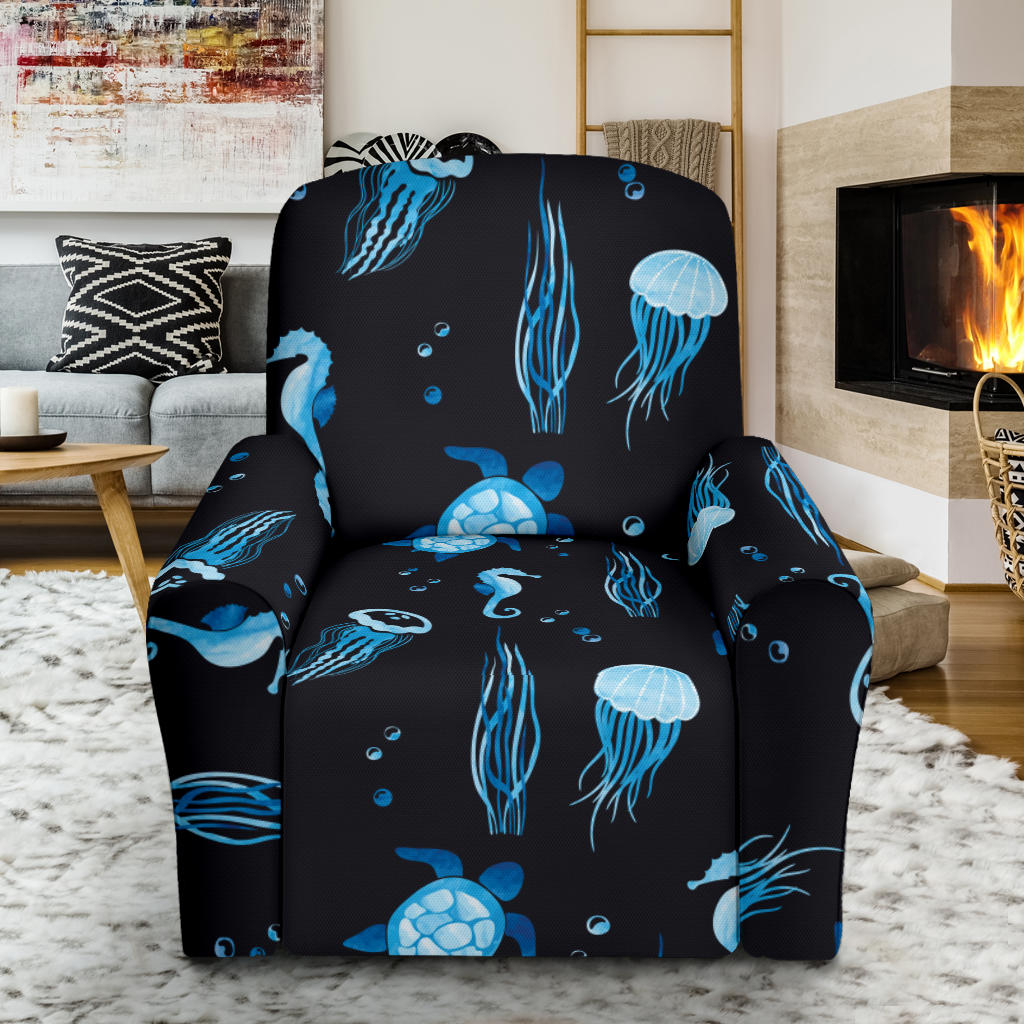 Sea Turtle Jelly Fish Sea Horse Print Design LKS3014 Recliner Slipcover with Pocket