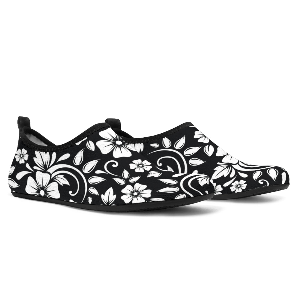 Floral Black White Themed Print Aqua Water Shoes
