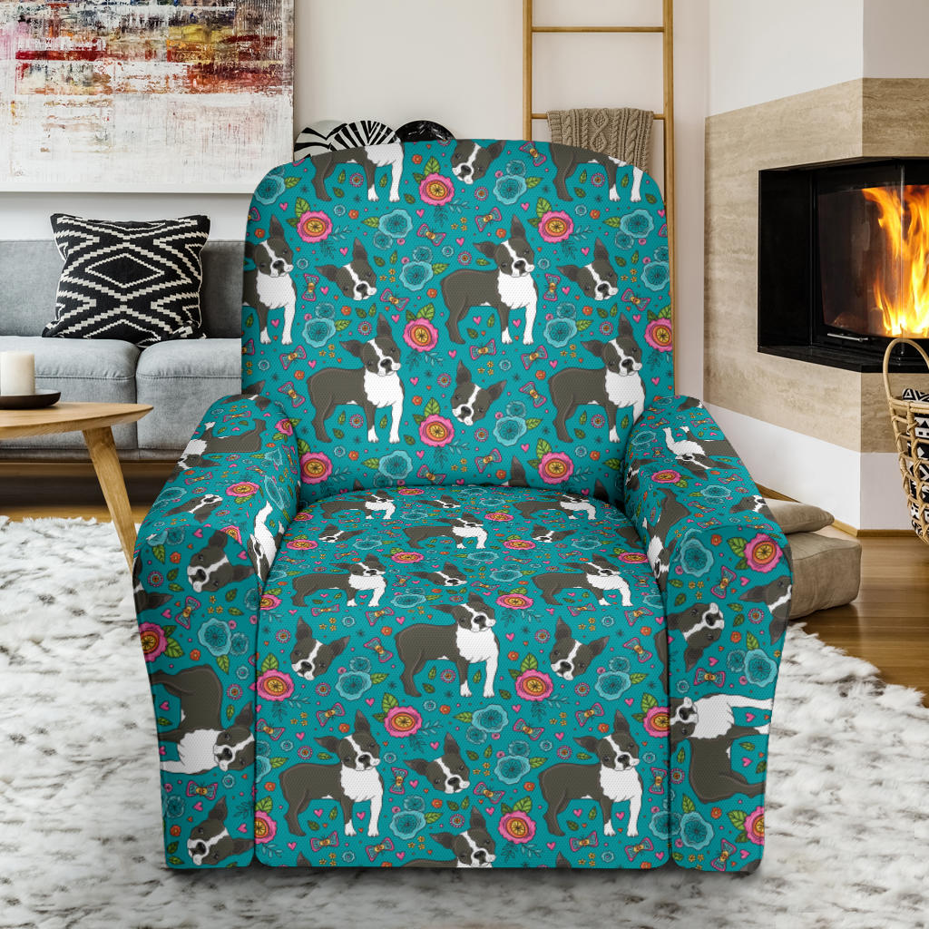 Boston Terrier Pattern Print Design 07 Recliner Slipcover with Pocket