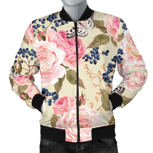 Floral Pink Butterfly Print Men Bomber Jacket