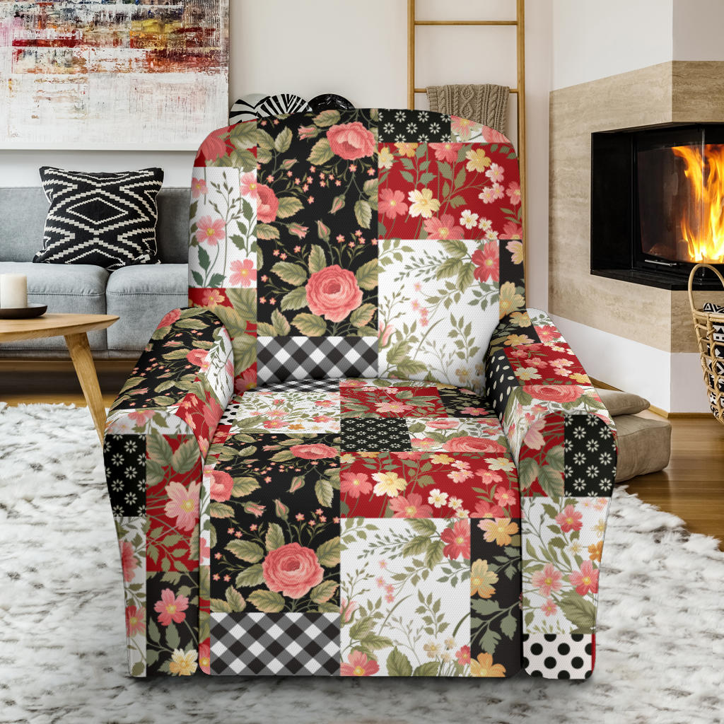 Patchwork Flower Pattern Print Design 03 Recliner Slipcover with Pocket