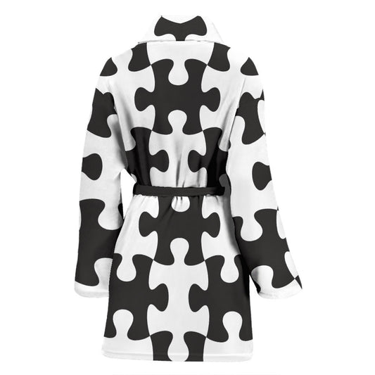 Puzzle Black White Pattern Print Design A02 Women Bathrobe