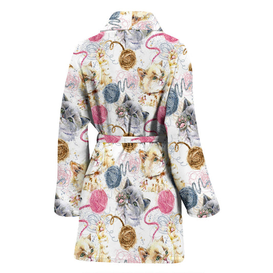 Cat Playing Yarn Pattern Print Design 07 Women Bathrobe