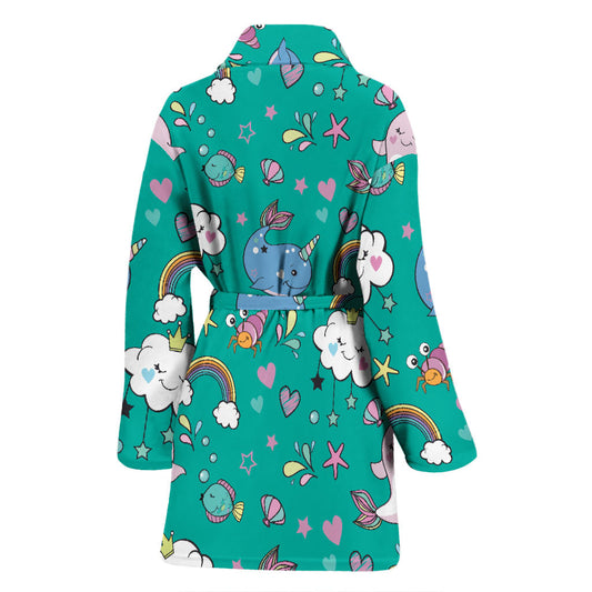 Narwhal Pattern Print Design 04 Women Bathrobe