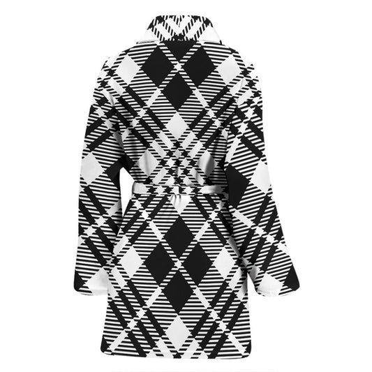 Plaid Black White Pattern Print Design A02 Women Bathrobe