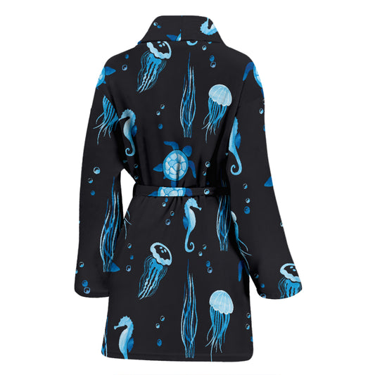 Sea Turtle Jelly Fish Sea Horse Print Design LKS3014 Women Bathrobe
