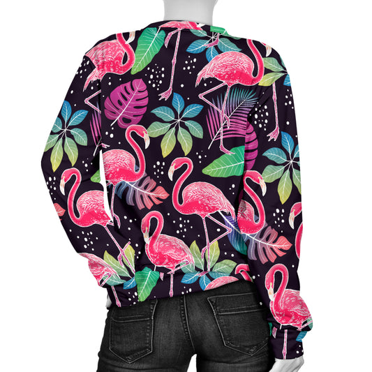 Flamingo Tropical leaves Neon Print Women Long Sleeve Sweatshirt