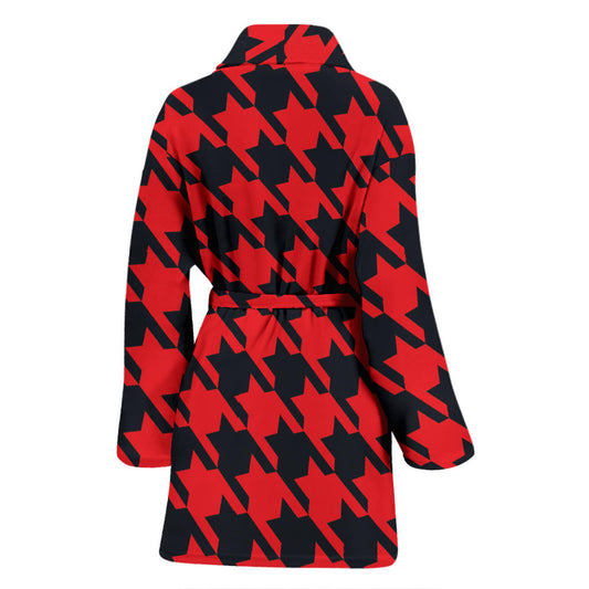Houndstooth Red Pattern Print Design 03 Women Bathrobe