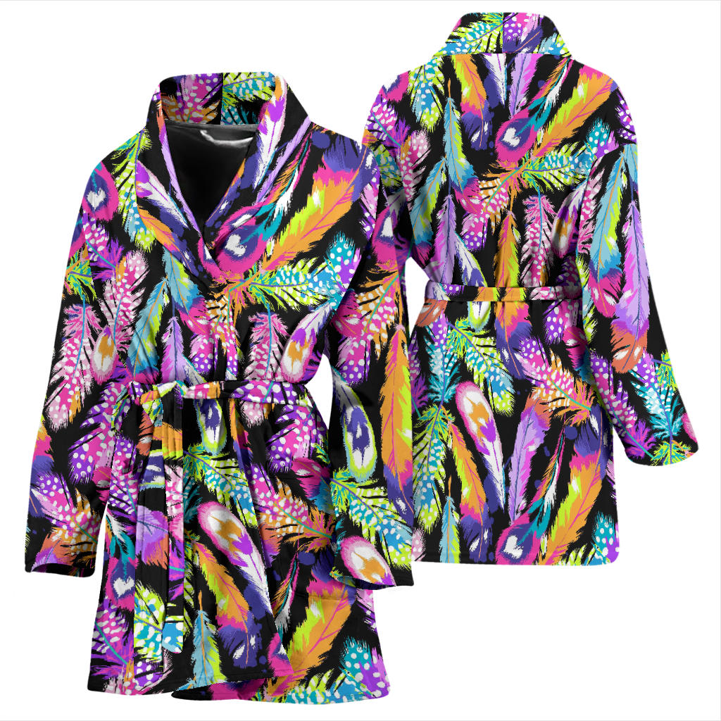Neon Feather Pattern Print Design A02 Women Bathrobe