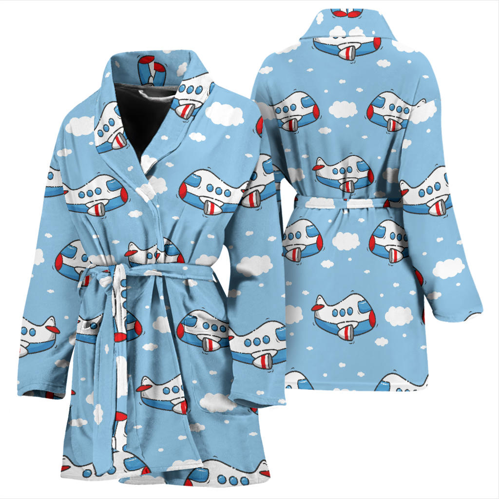 Airplane Cartoon Pattern Print Design 07 Women Bathrobe
