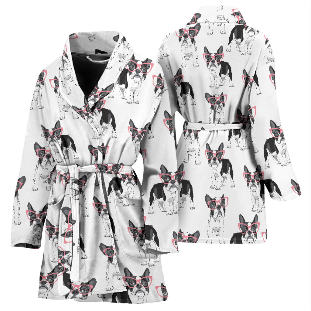Boston Terrier Pattern Print Design 03 Women Bathrobe