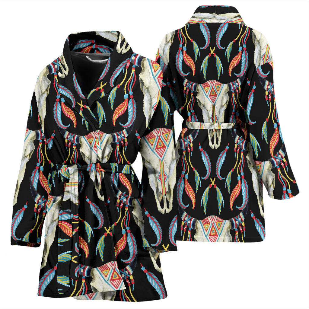 Buffalo Head Boho Style Pattern Print Design 01 Women Bathrobe