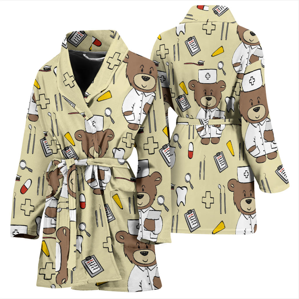 Nurse Bear Pattern Print Design A02 Women Bathrobe