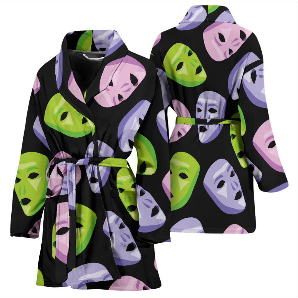 Acting Mask Pattern Print Design 04 Women Bathrobe