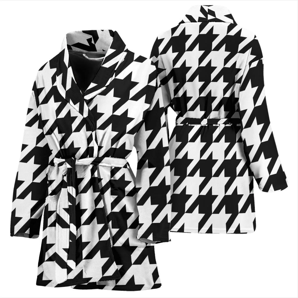 Houndstooth Black White Pattern Print Design 05 Women Bathrobe