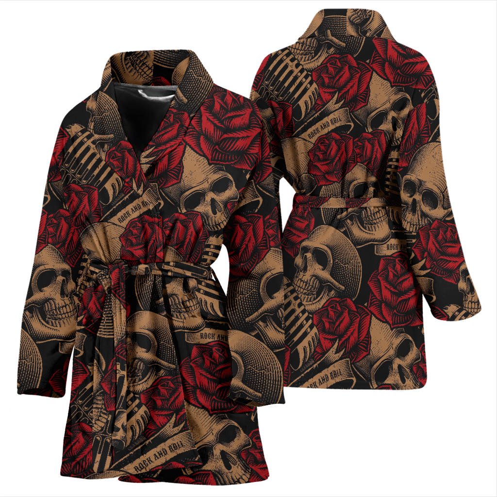 Microphone Skull Rose Pattern Print Design 02 Women Bathrobe