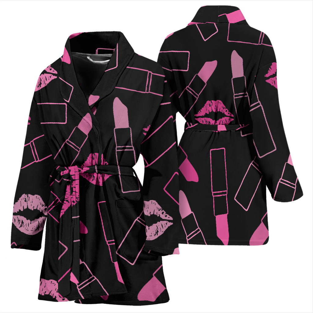 Lipstick Pink Pattern Print Design 01 Women Bathrobe