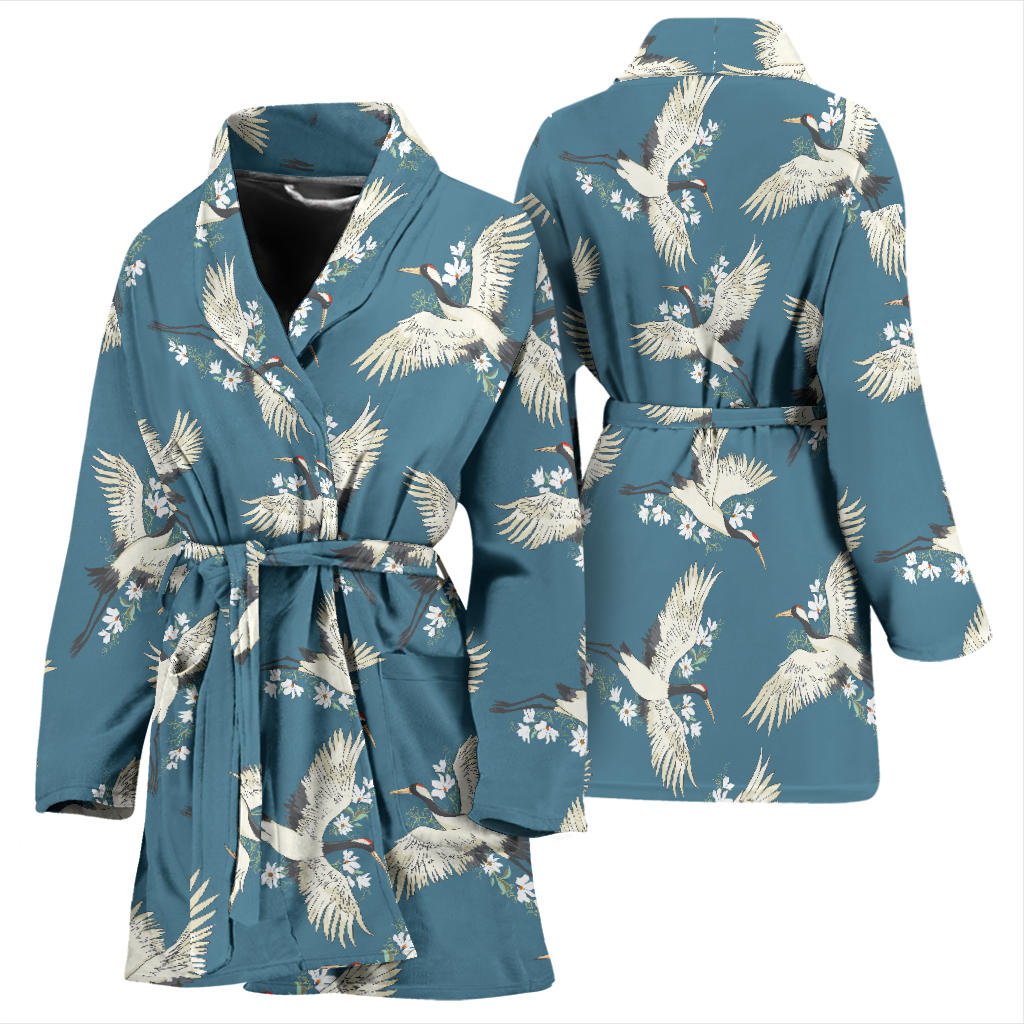 Crane Pattern Print Design 02 Women Bathrobe
