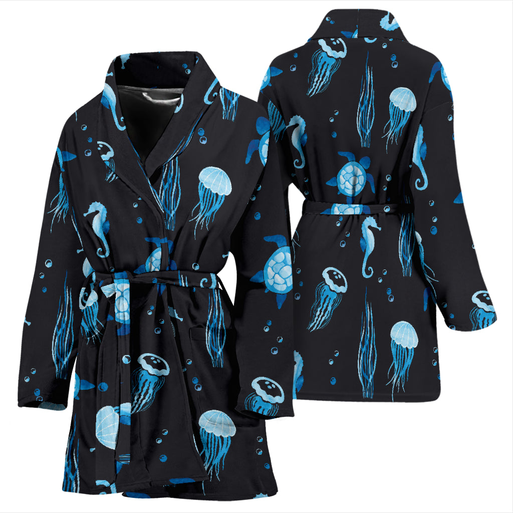 Sea Turtle Jelly Fish Sea Horse Print Design LKS3014 Women Bathrobe