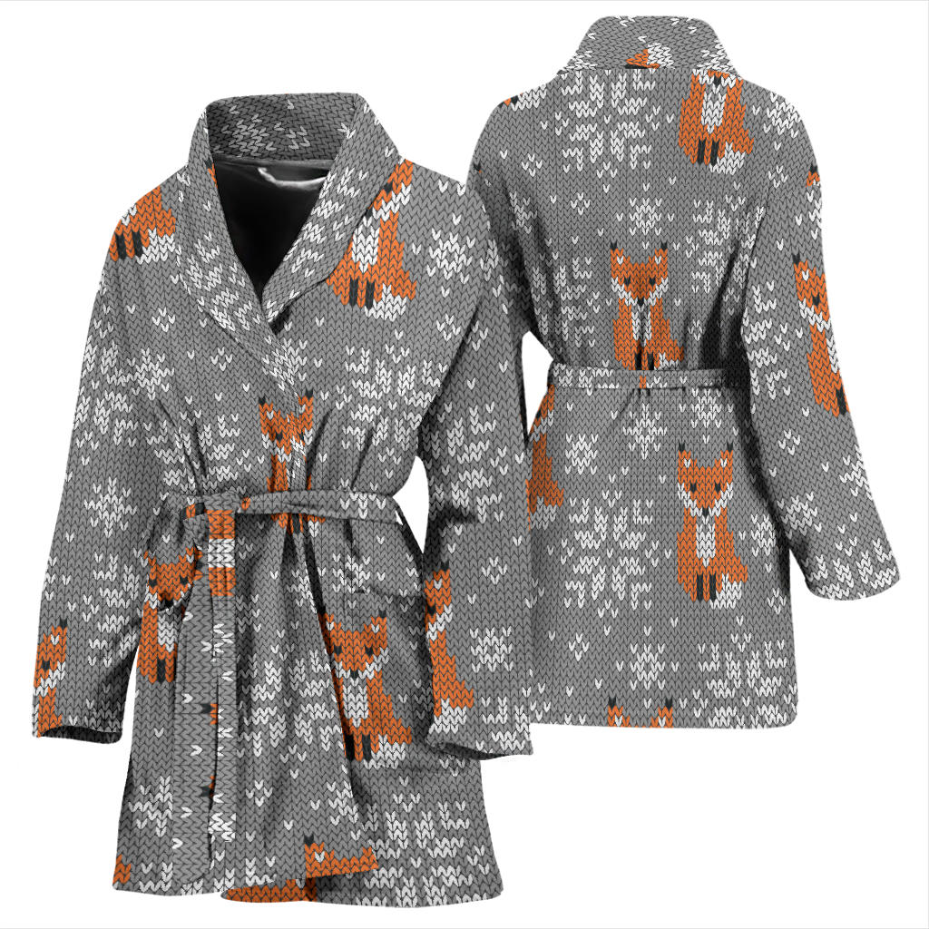 Knit Red Fox Pattern Print Design 02 Women Bathrobe