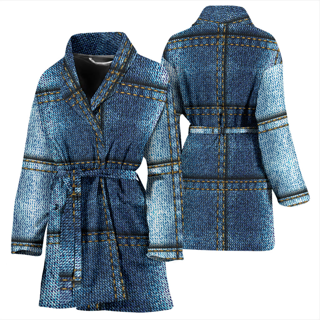 Jean Patchwork Pattern Print Design 02 Women Bathrobe