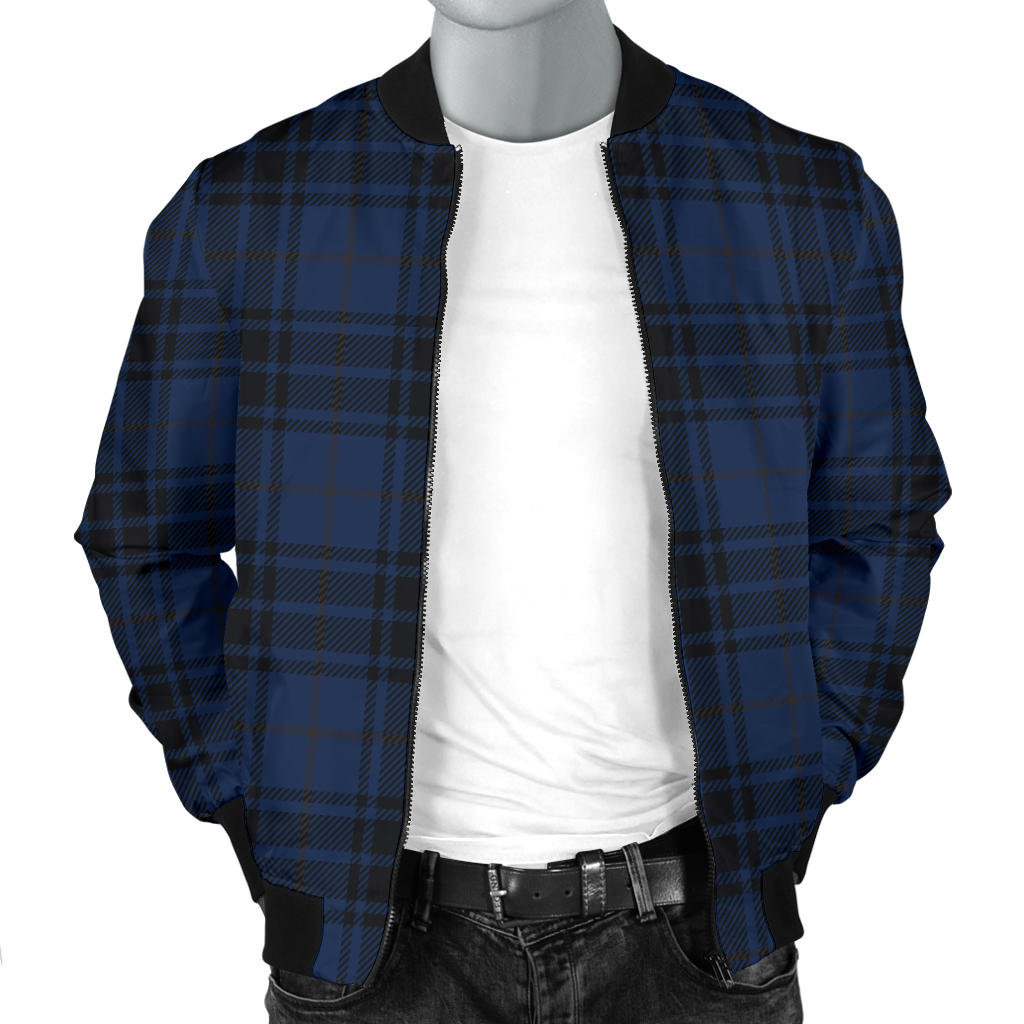Navy Blue Tartan Plaid Pattern Men Bomber Jacket