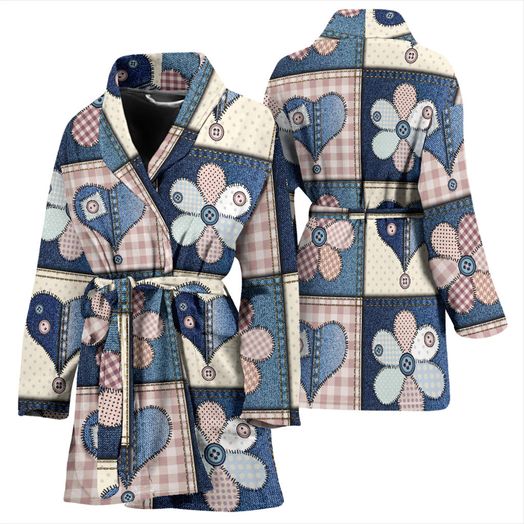 Patchwork Heart Flower Pattern Print Design 01 Women Bathrobe