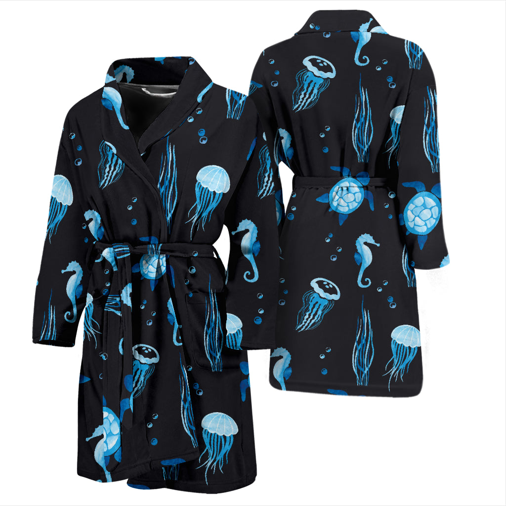 Sea Turtle Jelly Fish Sea Horse Print Design LKS3014 Men Bathrobe