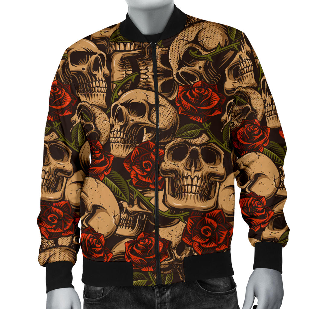 Skull Roses Vintage Design Themed Print Men Bomber Jacket