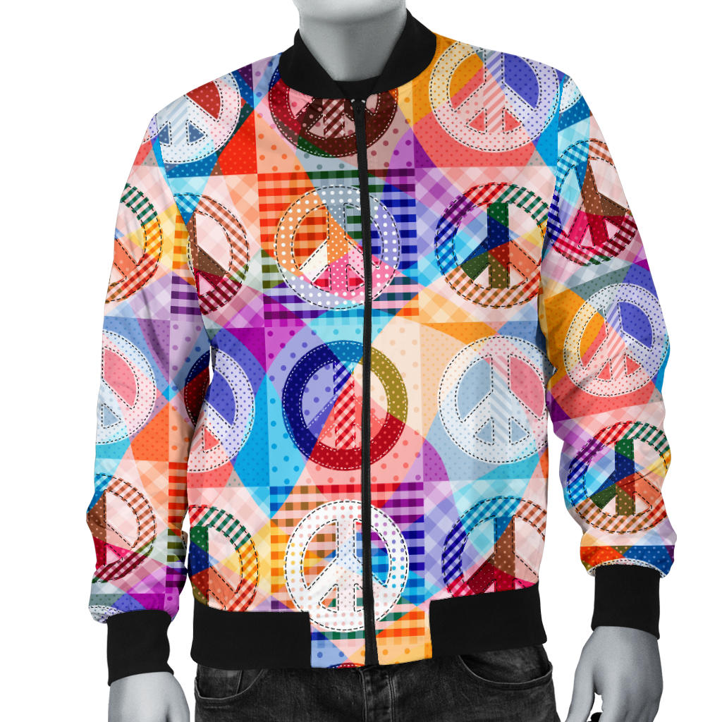 Peace Sign Patchwork Design Print Men Bomber Jacket
