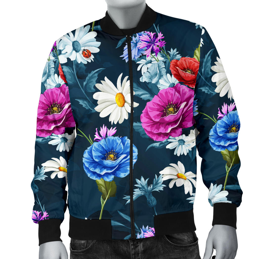 Floral Blue Themed Print Men Bomber Jacket