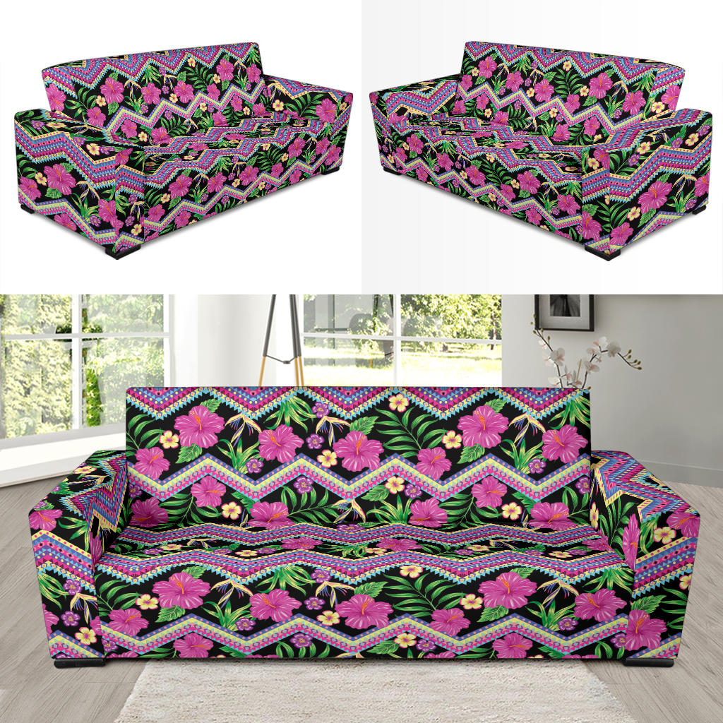 Hibiscus Pink Zigzag Line Pattern Design LKS307 Sofa Slipcover