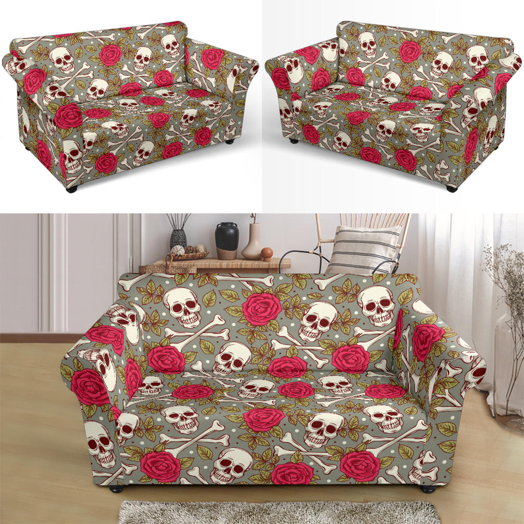 Skull Bone Rose Print Design LKS303 Loveseat Couch Slipcover