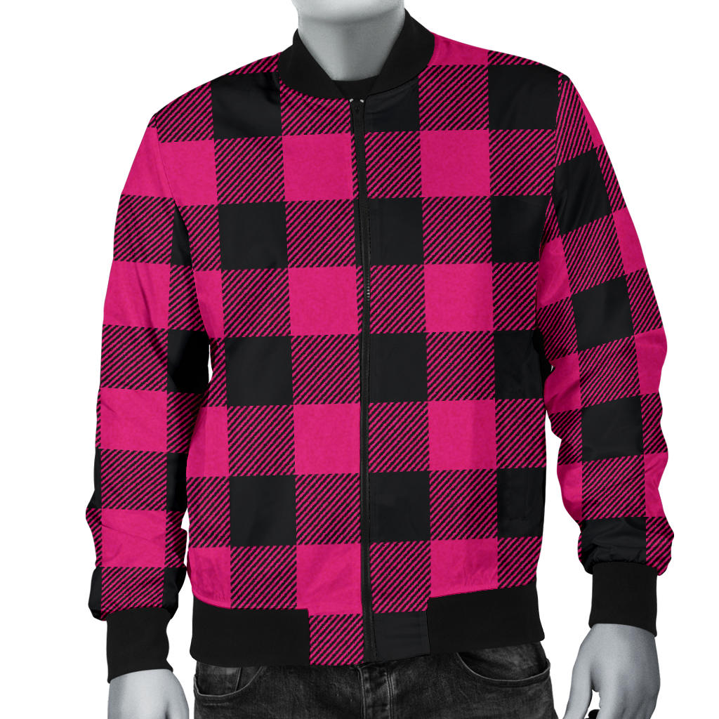 Pink Tartan Plaid Pattern Men Bomber Jacket