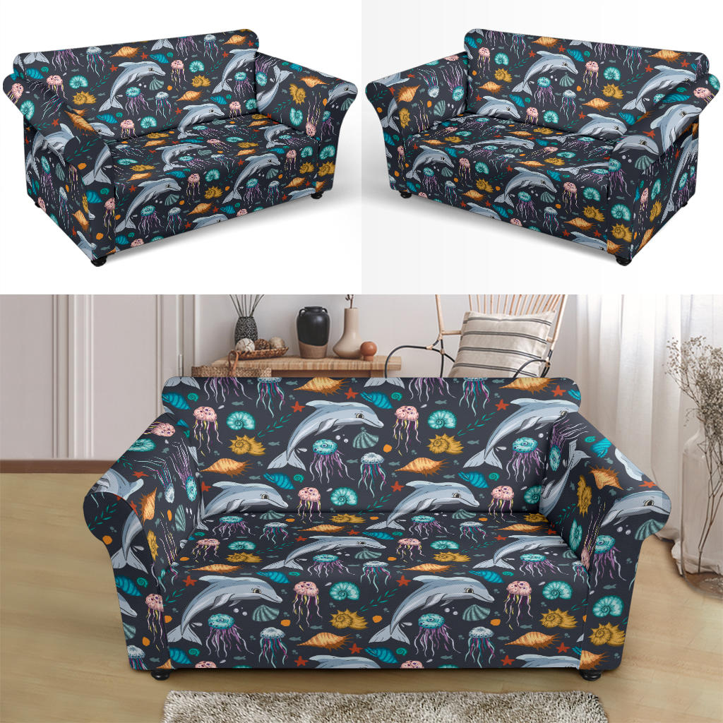 Underwater Dolphin Print Design LKS304 Loveseat Couch Slipcover