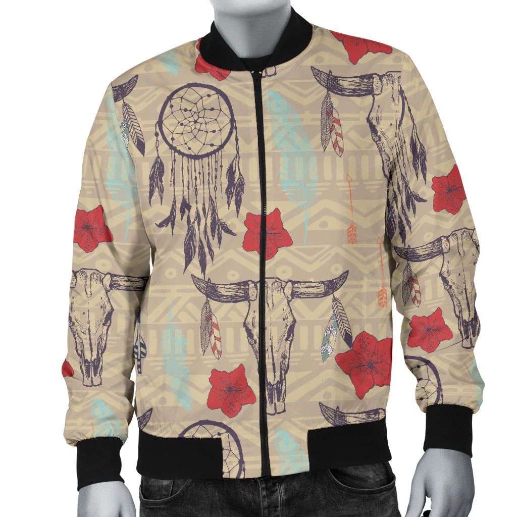 Native Buffalo Head Themed Design Print Men Bomber Jacket