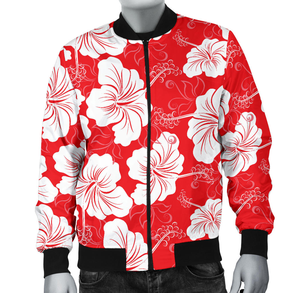 Flower Hawaiian Hibiscus Red Background Print Men Bomber Jacket