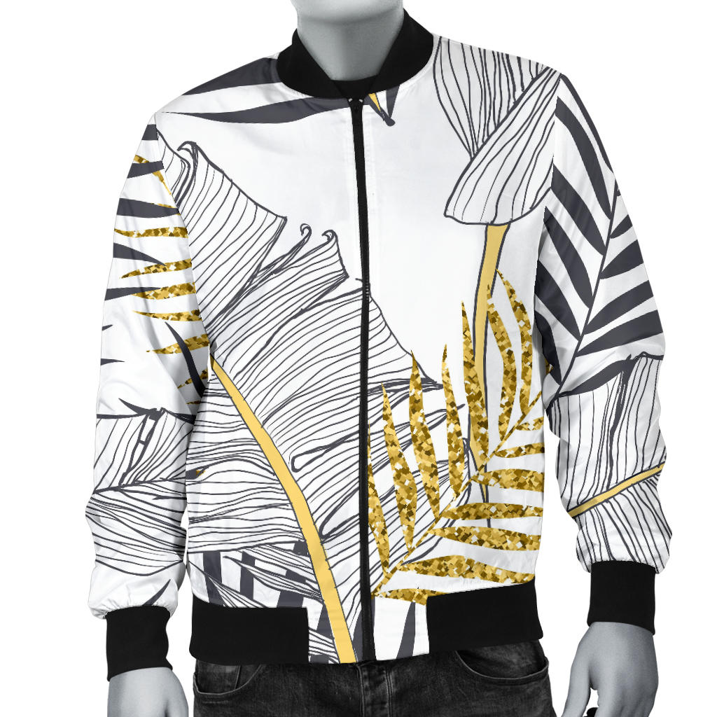 Gold Glitter Tropical Palm Leaves Men Bomber Jacket