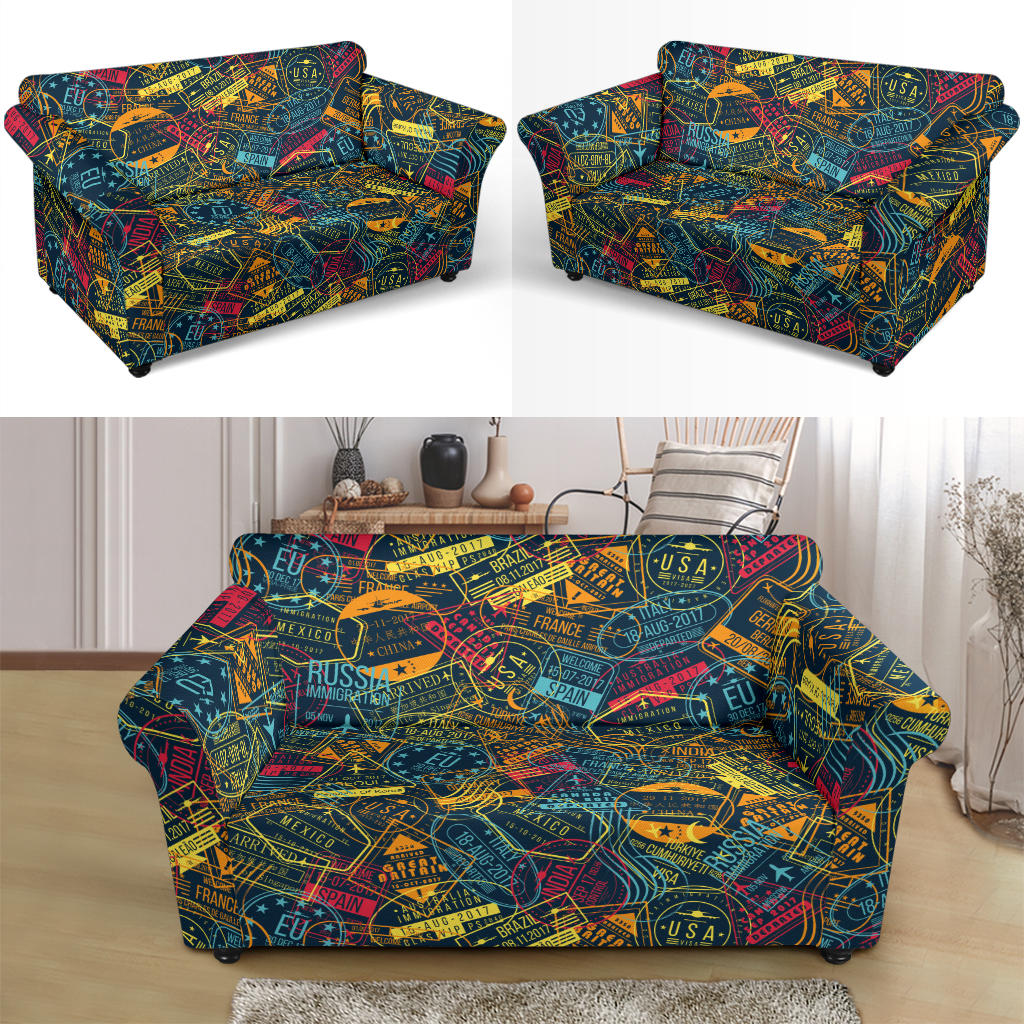 Travel Stamp Colorful Print Design LKS304 Loveseat Couch Slipcover