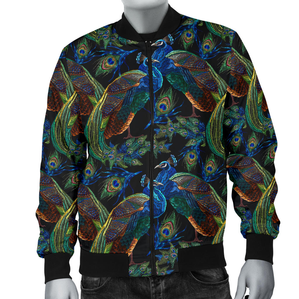 Peacock Themed Design Print Men Bomber Jacket