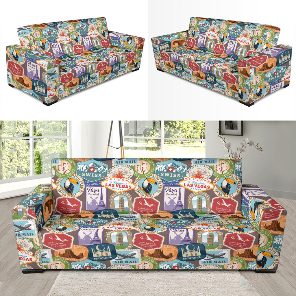 Travel Stamp Print Design LKS301 Sofa Slipcover