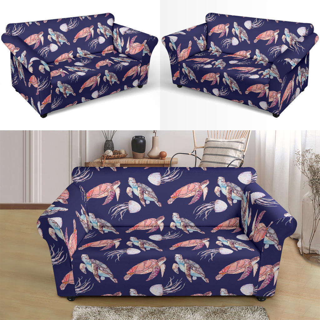 Sea Turtle With Jelly Fish Print Design LKS301 Loveseat Couch Slipcover