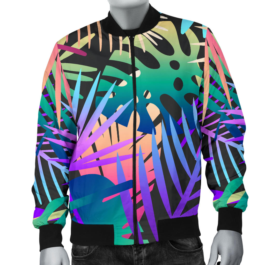 Neon Flower Tropical Palm Leaves Men Bomber Jacket